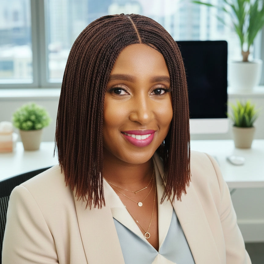 Woman with braided hair smiling in an office setting