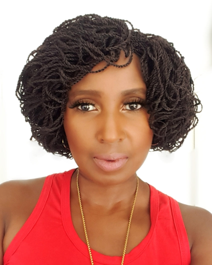 This is a brown 2*4 Closure Twist Braided Wig, Short in Length Approximately 10". Made with Kinky Synthetic braids into a Kinky Twisted Curly Goodness. Handmade with Quality Synthetic Braids, Comes in; Black, Light Brown, Brown & Red Color . It is Light Weight Approximately 500g. Inside the Cap Structure is; 2*4 closure, 2 Small combs inside the cap, Adjustable Straps at the Back, Elastic on the side and it Ships in 3 - 5 days with FREE SHIPPING WORLDWIDE.
