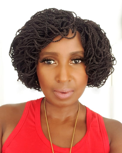 This is a brown 2*4 Closure Twist Braided Wig, Short in Length Approximately 10". Made with Kinky Synthetic braids into a Kinky Twisted Curly Goodness. Handmade with Quality Synthetic Braids, Comes in; Black, Light Brown, Brown & Red Color . It is Light Weight Approximately 500g. Inside the Cap Structure is; 2*4 closure, 2 Small combs inside the cap, Adjustable Straps at the Back, Elastic on the side and it Ships in 3 - 5 days with FREE SHIPPING WORLDWIDE.